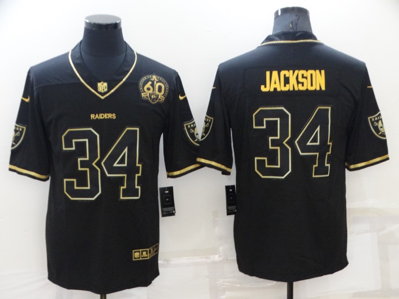 Men's Las Vegas Raiders #34 Bo Jackson Black/Gold With 60th Anniversary Patch Vapor Limited Stitched Jersey
